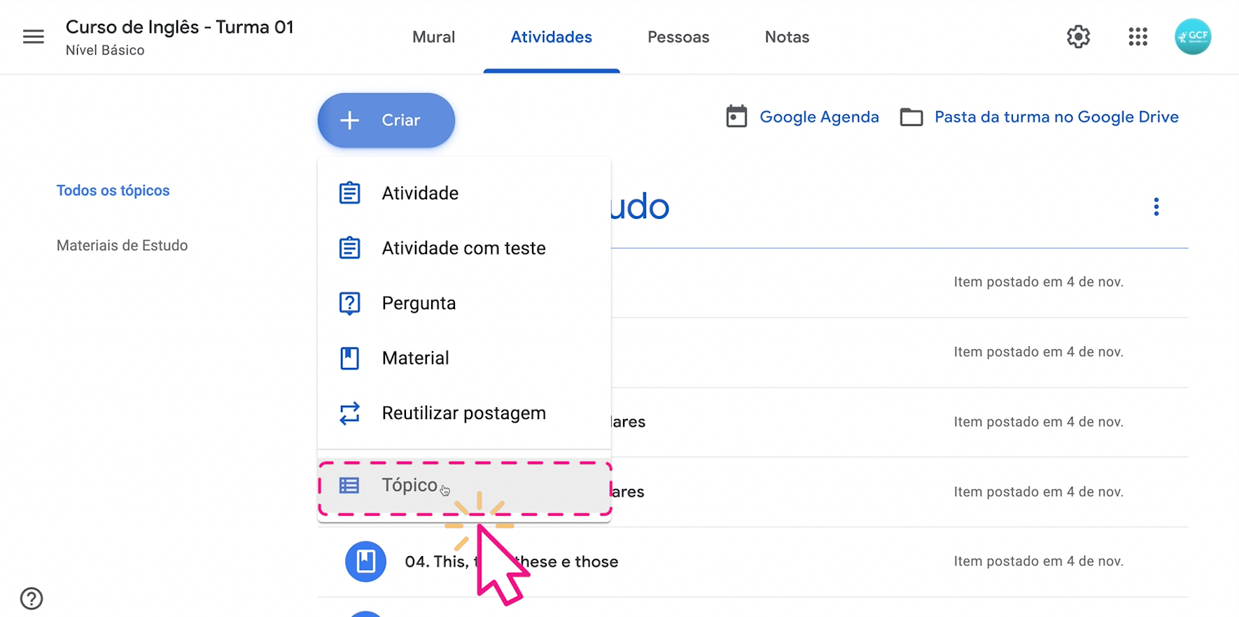 como criar atividades, exercícios e trabalhos no google sala de aula  4